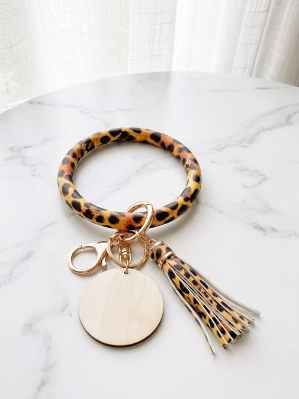 Ladies Tiger Leather Tassel Unisex Bangle Wrist Key Ring Keychain Ring